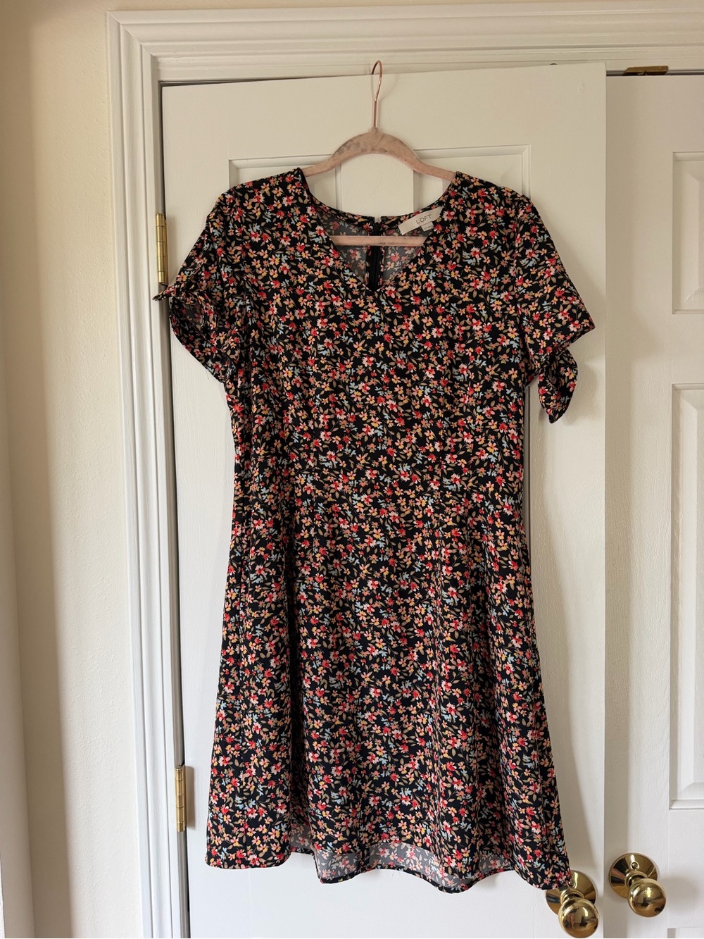 LOFT Floral Short Sleeve Black Fit & Flare Dress